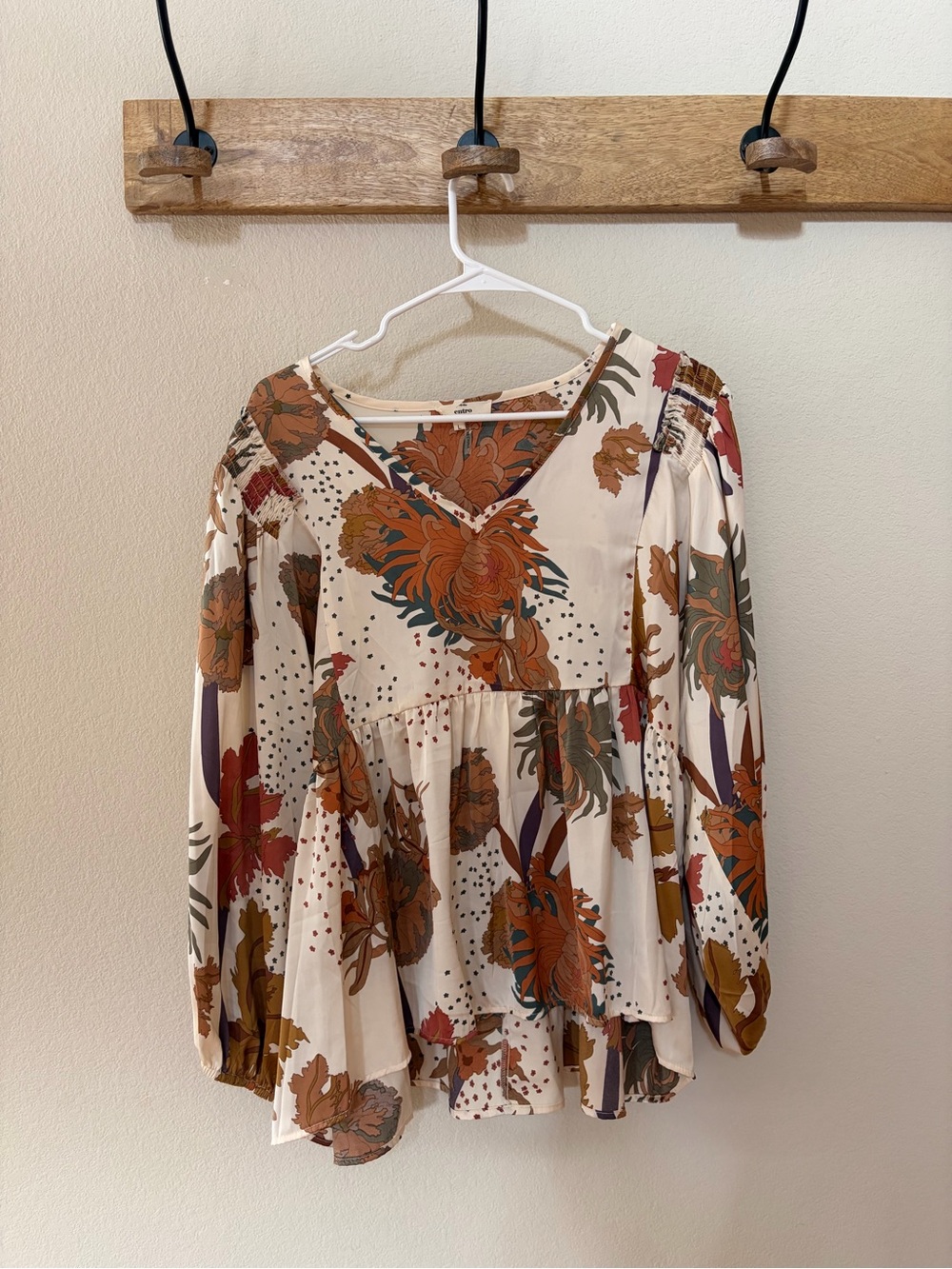 entro Cream Floral Peplum Dress with Rust & Olive Accents